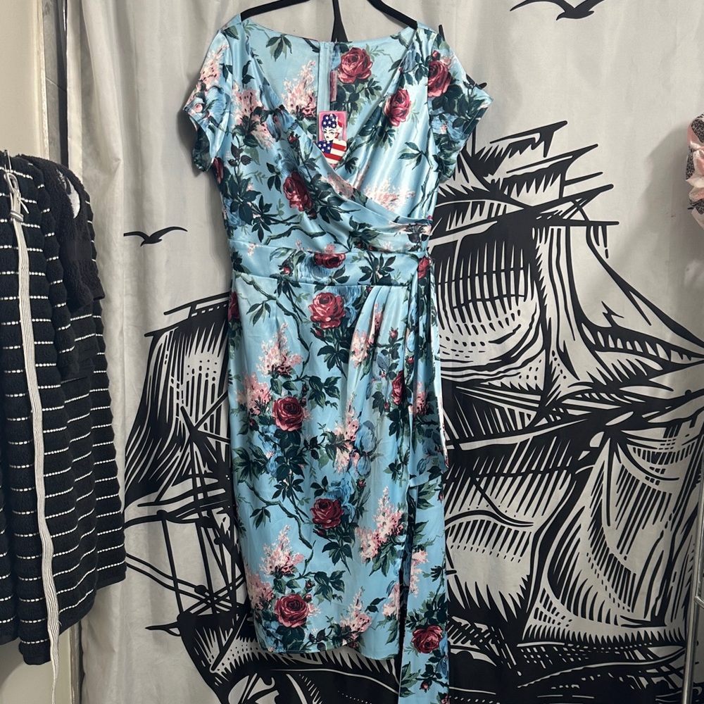 NEW Pinup girl clothing - pinup couture - Floral Ava Wrap Dress in Blue XL